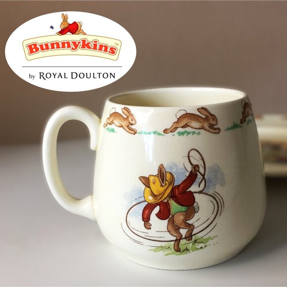 BUNNYKINS Royal Doulton Playful Cowboy Scenes England Peter Rabbit Mug - Picture 1 of 9